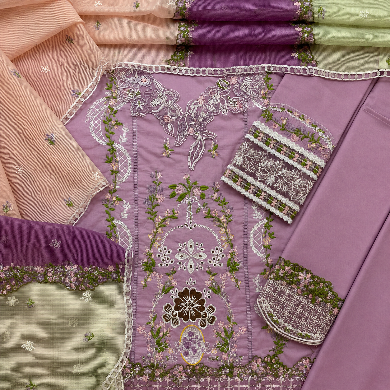 Luxury Chicken Kari Embroidered Cotton Dress with 3 Shade Dupatta