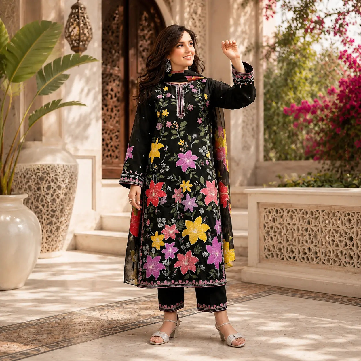 3 Piece Chikan Kari Embroidered Suit Printed Bamber Dupatta(N)
