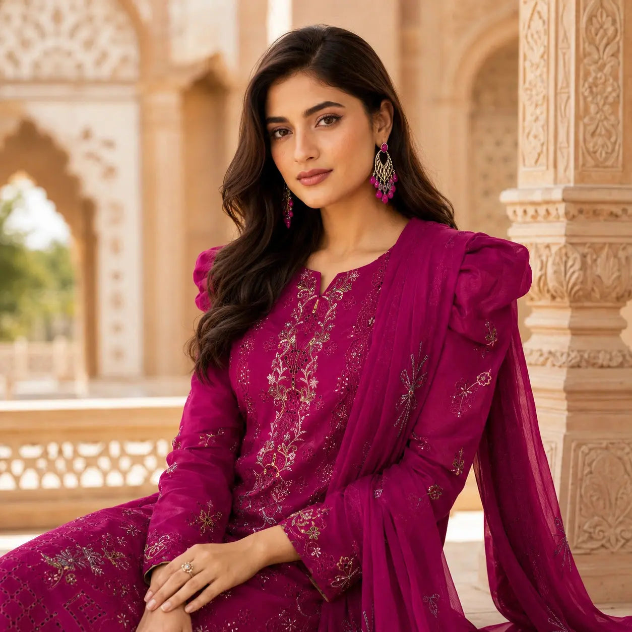 Classic Lawn Heavy Embroidered Shirt with Bamber Dupatta-Gulabi (54) ZeeRosh13