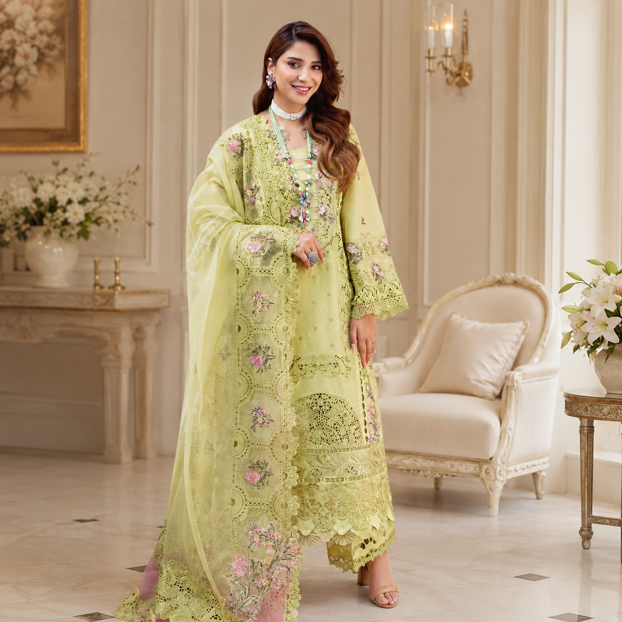 Heavy Embroidered Lawn Suit with Organza Neckline and Borders