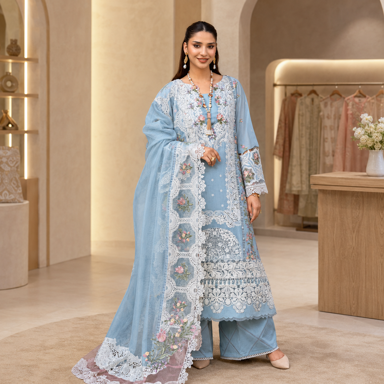 Embroidered Lawn Laserwork Suit with Cotton Net Dupatta