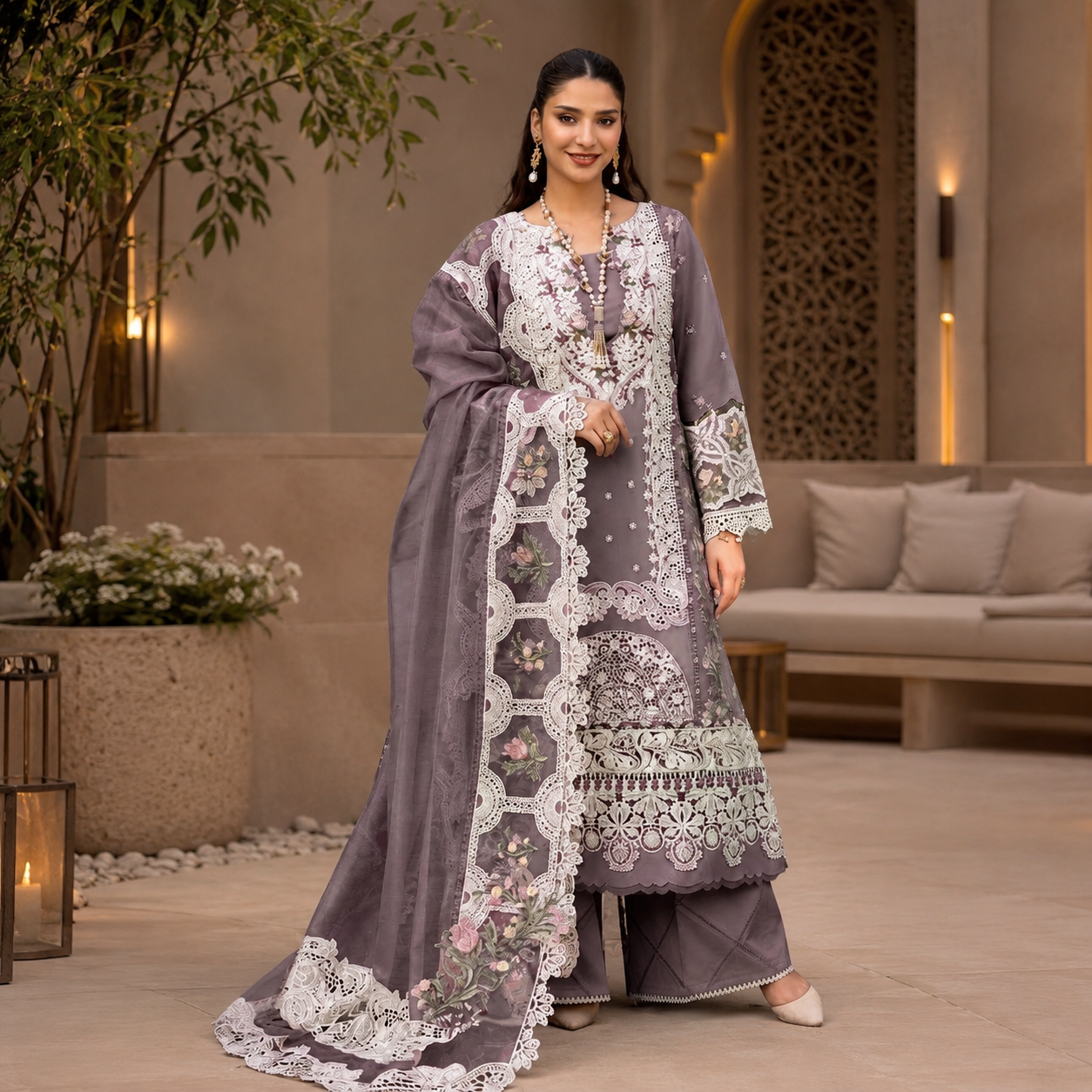 Heavy Embroidered Lawn Suit with Organza Neckline and Borders