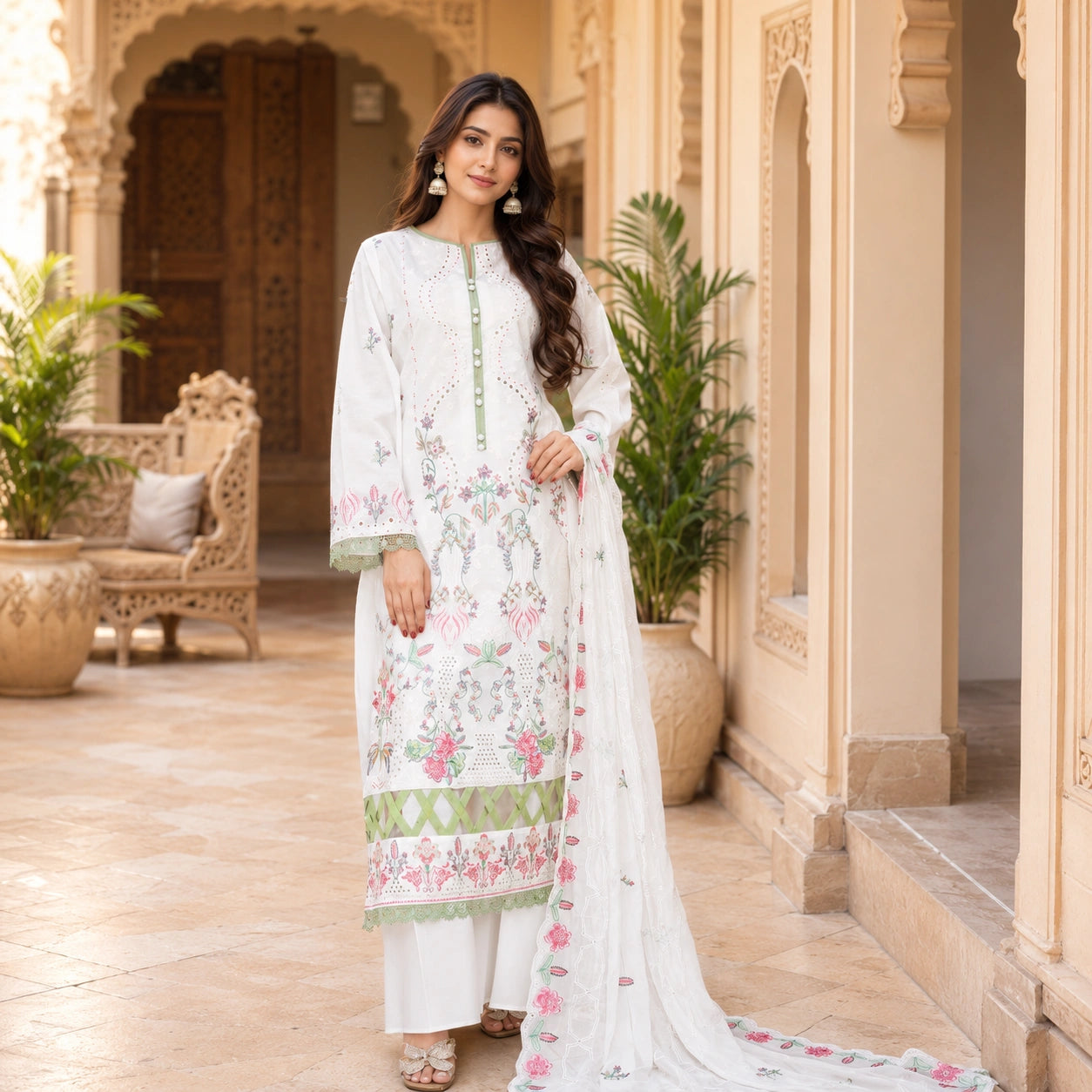 Luxury 3Pc Embroidered Lawn shirt with Bamber Embroidered Dupatta
