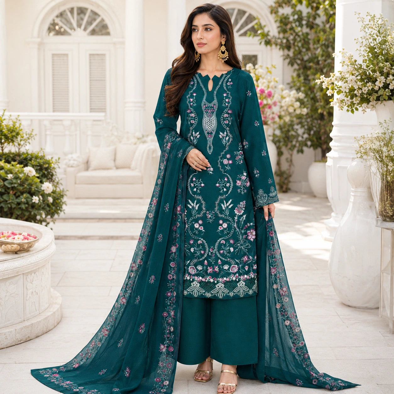 Luxury 3Pc Embroidered Lawn shirt with Bamber Embroidered Dupatta
