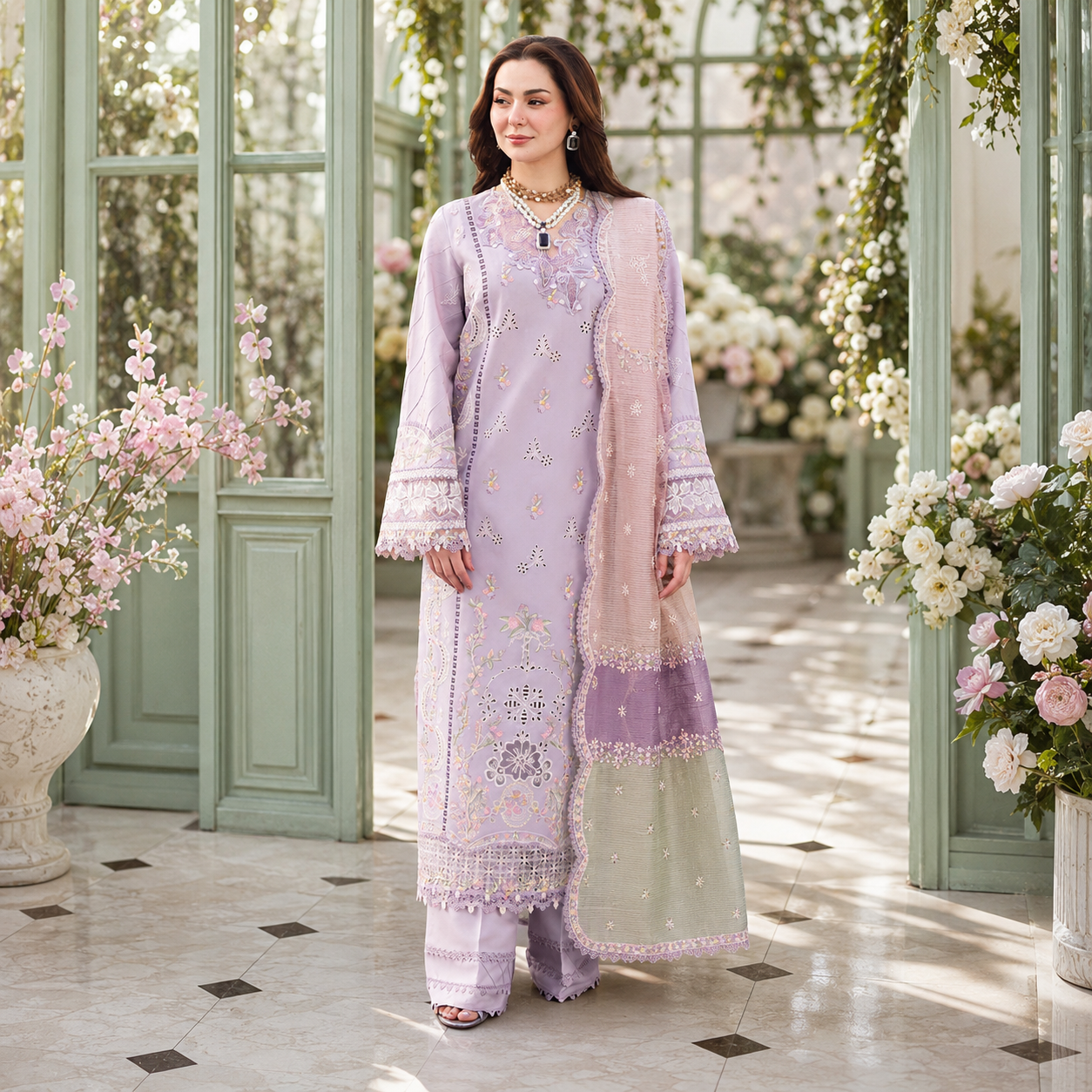 Luxury Chicken Kari Embroidered Cotton Dress with 3 Shade Dupatta