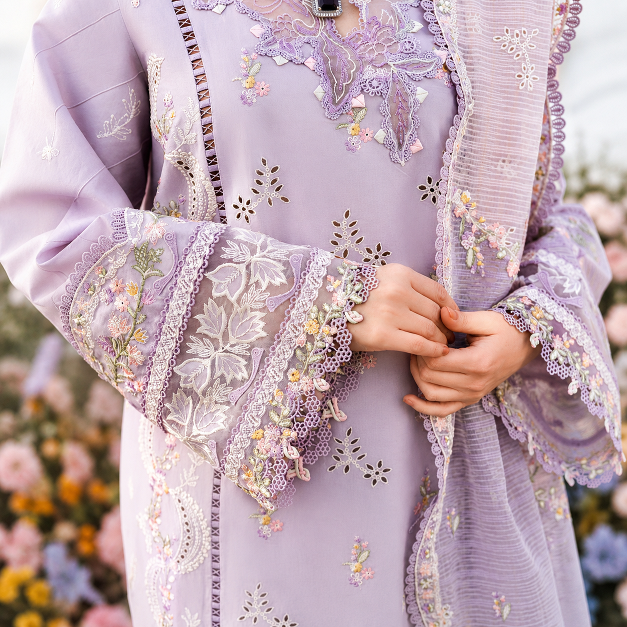 Luxury Chicken Kari Embroidered Cotton Dress with 3 Shade Dupatta