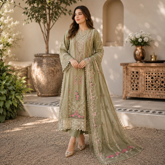 Heavy Embroidered Lawn Suit with Ready to Wear Chiffon Dupatta
