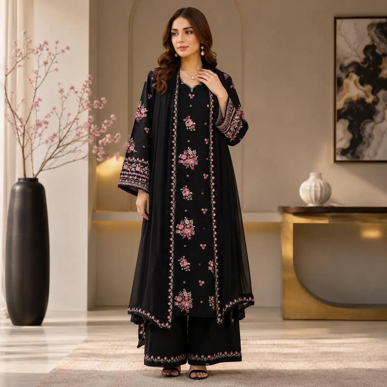 3 Piece Full Embroidered Suit with Chiffon Dupatta(N)