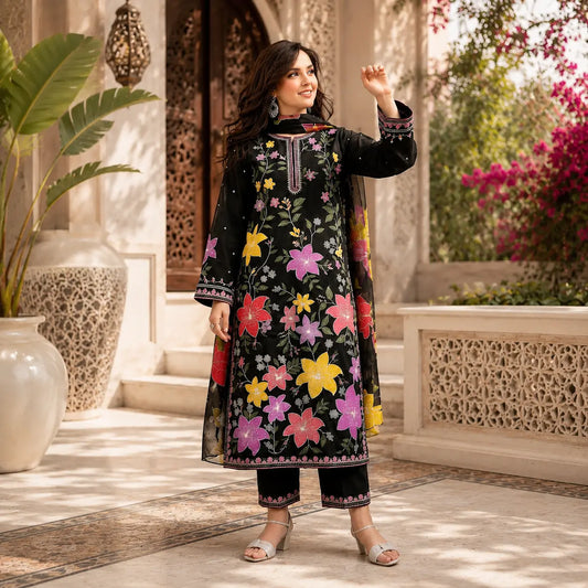 3 Piece Chikan Kari Embroidered Suit Printed Bamber Dupatta(N)