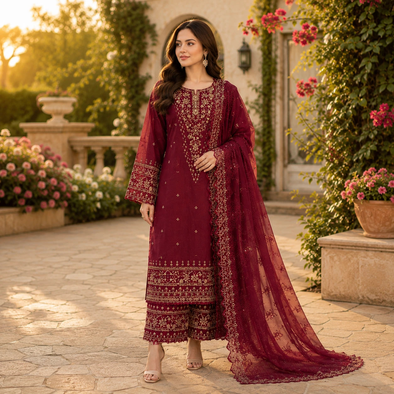 3 Piece Heavy Embroidered Suit Khadi Net Dupatta(N)