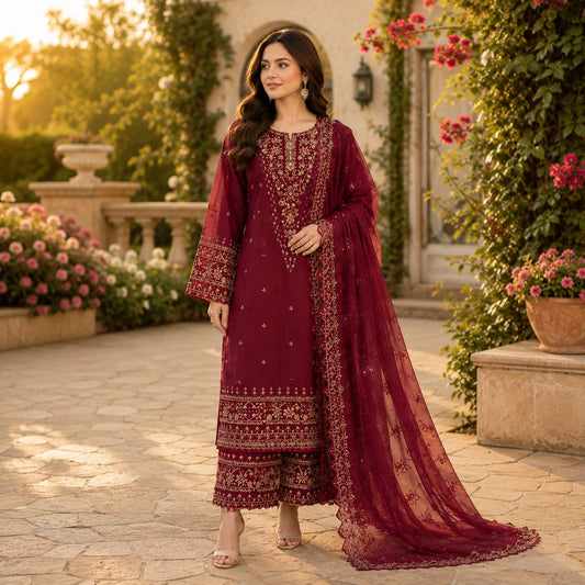 3 Piece Heavy Embroidered Suit Khadi Net Dupatta(N)