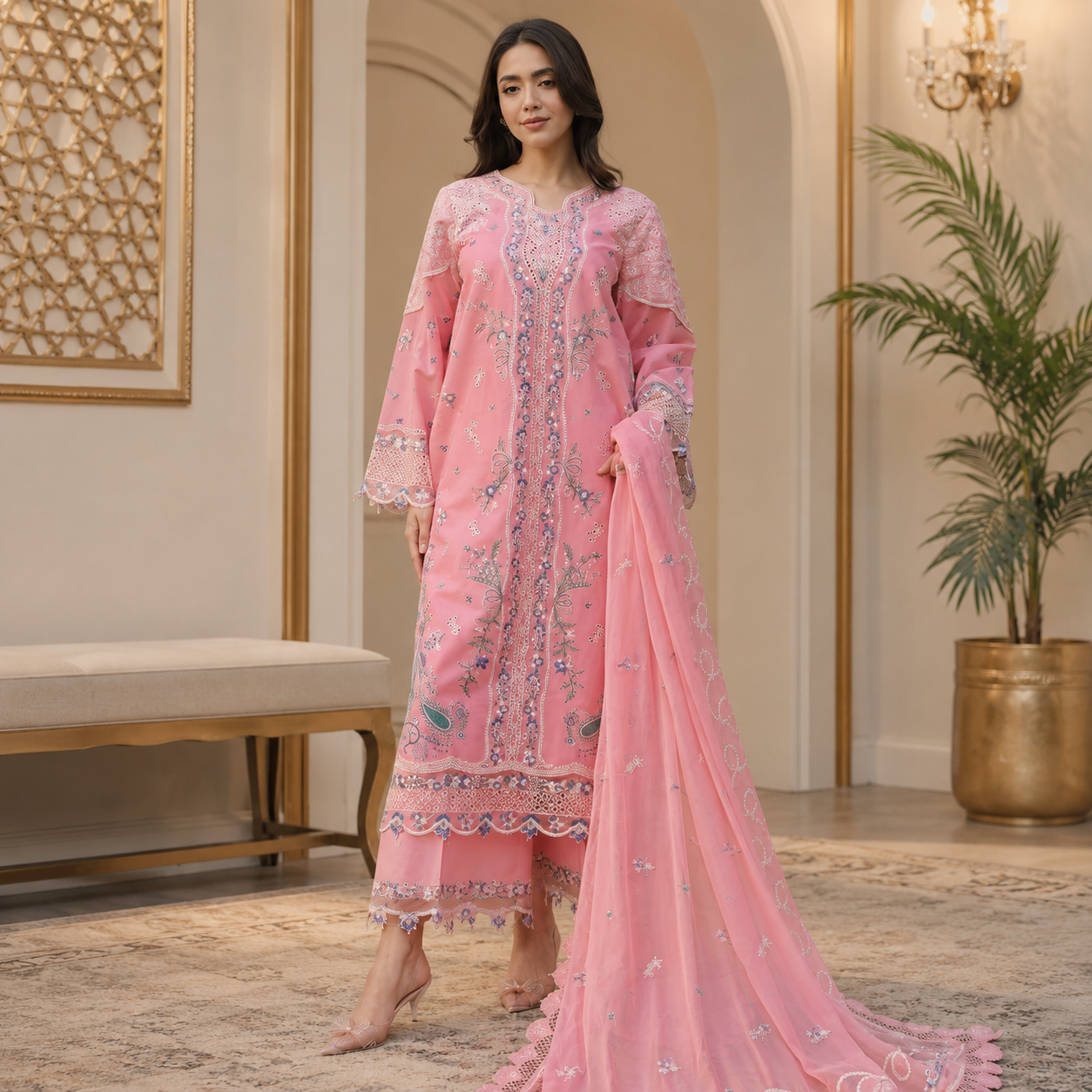 Cotton Net Embroidered Lawn Suit with Lace Patti Dupatta