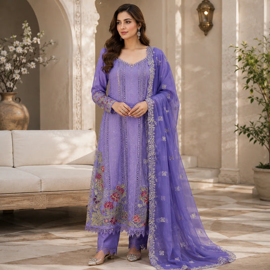 Heavy Embroidered Lawn Suit with Bamber Chiffon Dupatta