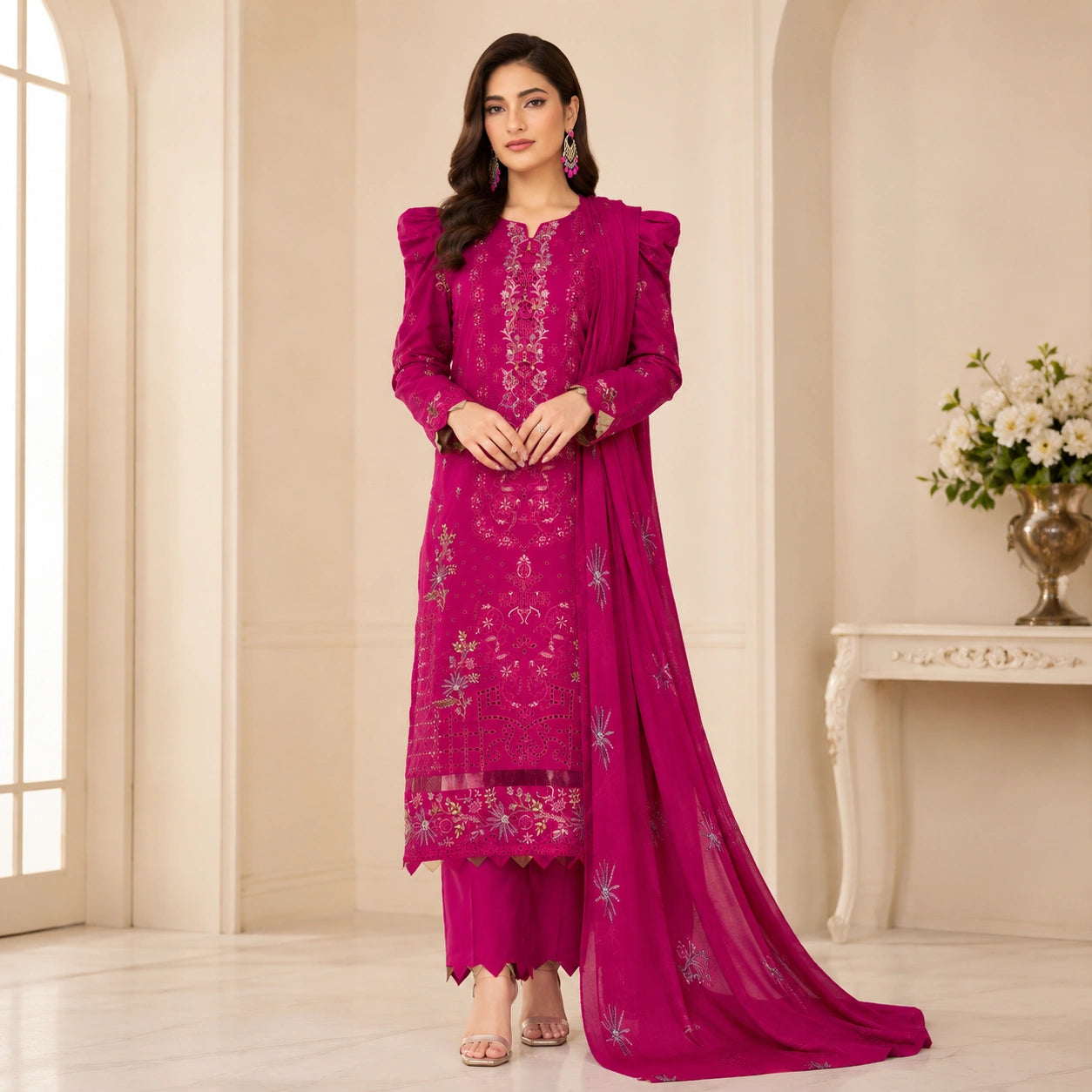 Premium 3Pc Heavy Embroidered Lawn Shirt with Voile Embroidered Dupatta
