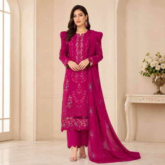 Premium 3Pc Heavy Embroidered Lawn Shirt with Voile Embroidered Dupatta