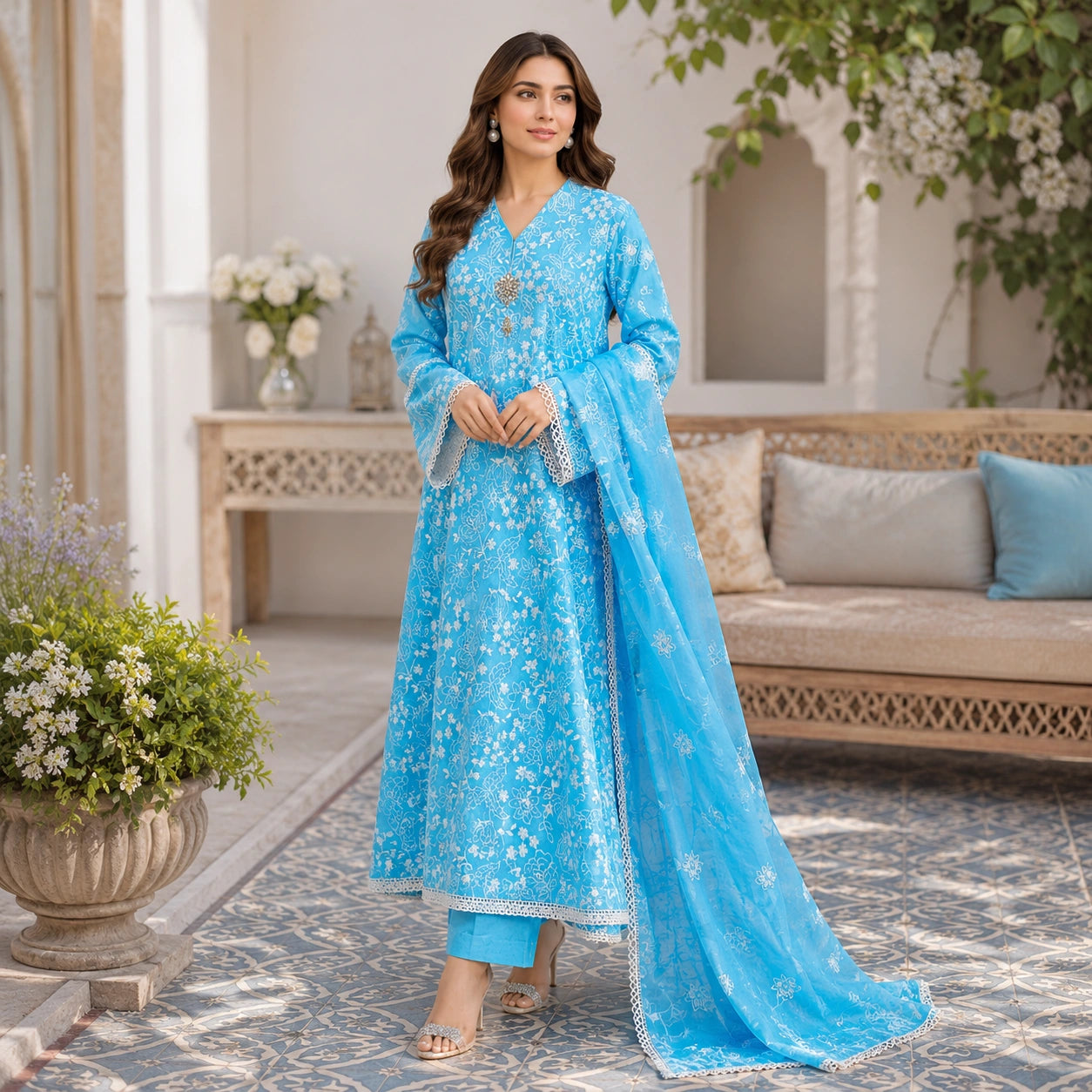 Premium Lawn Embroidered 3 Piece Suit with Chiffon Dupatta