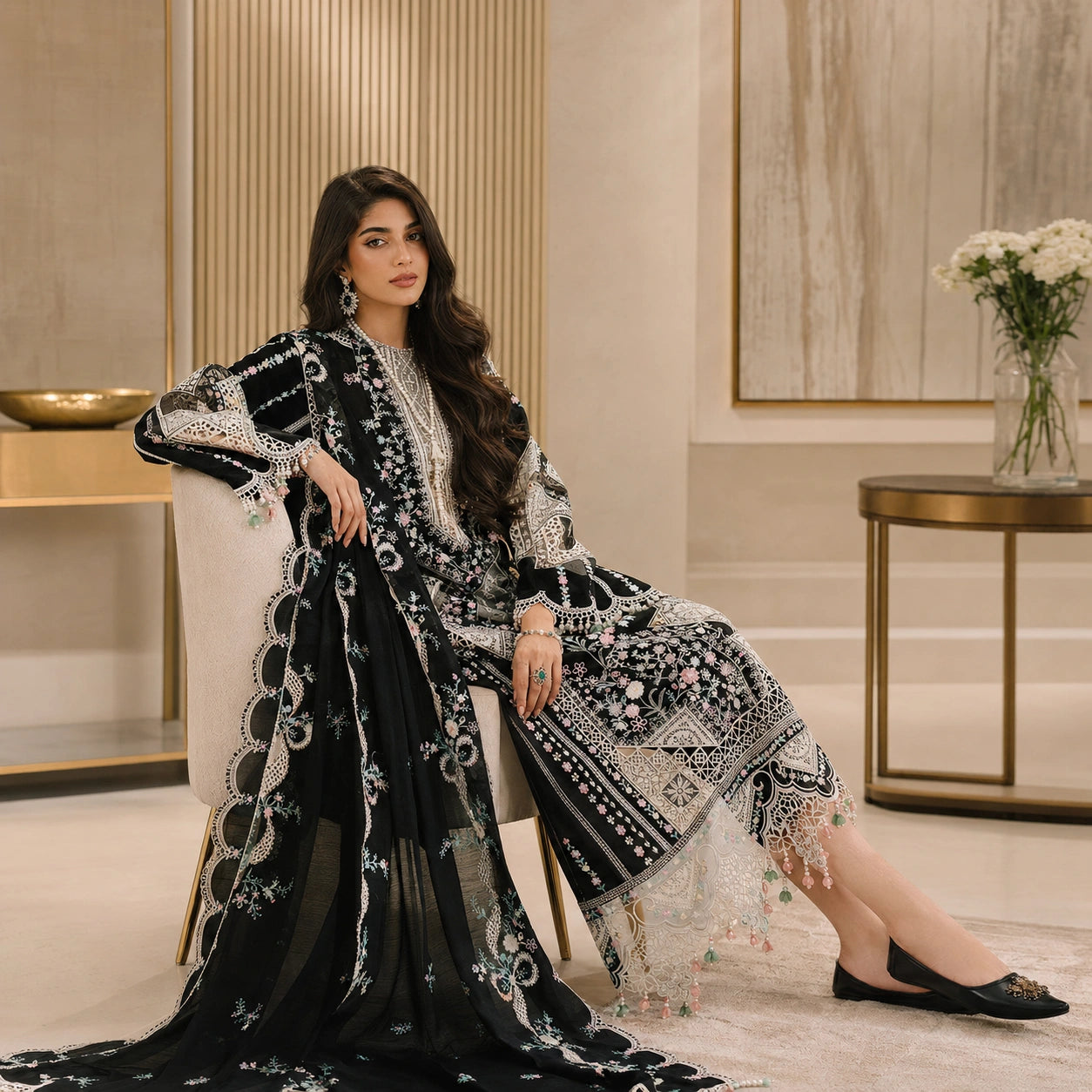 Luxury Air Jet Lawn 3 Piece Embroidered Dress with Bamber Chiffon Dupatta