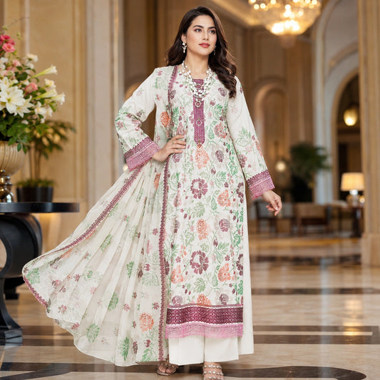 Luxury Lawn Outfit with Heavy Embroidery & Bamber Dupatta