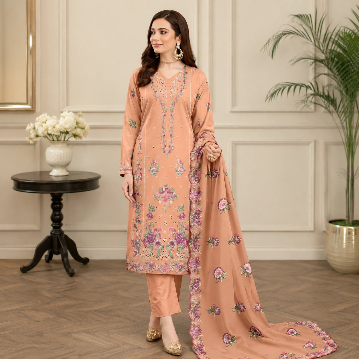 Graceful 3Pc Luxury Lawn Outfit with Heavy Embroidery & Bamber Dupatta