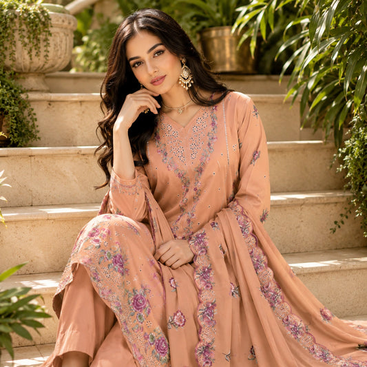 Graceful 3Pc Luxury Lawn Outfit with Heavy Embroidery & Bamber Dupatta