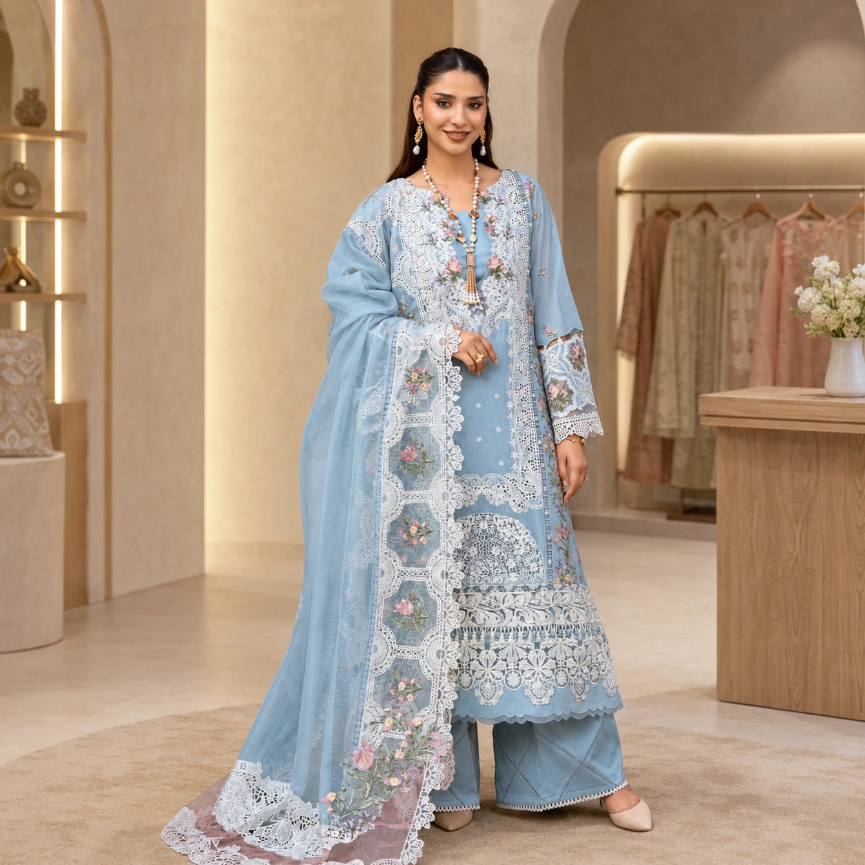 Embroidered Lawn Laserwork Suit with Cotton Net Dupatta ZeeRosh13