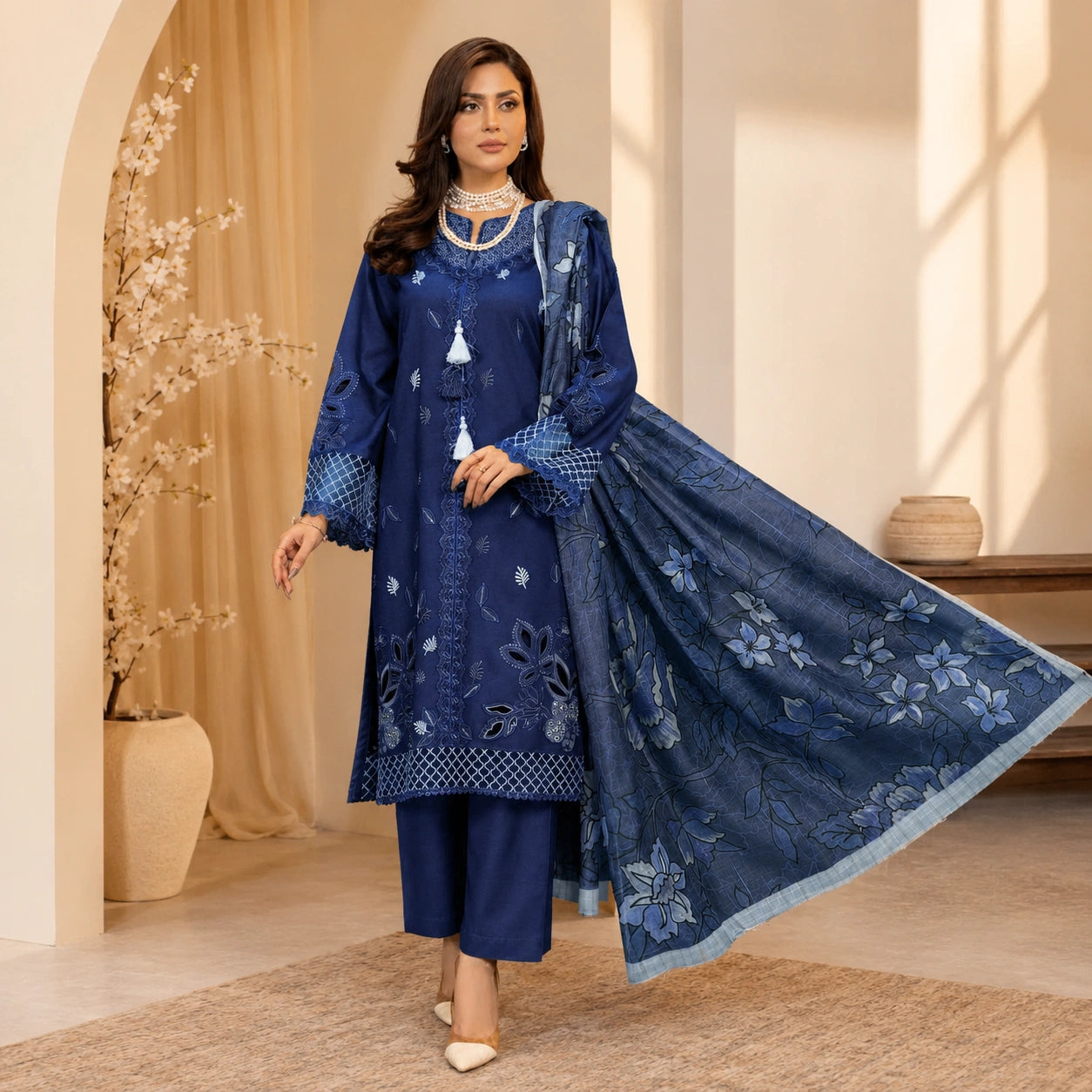 Woman wearing a blue embroidered outfit in a well-lit room.