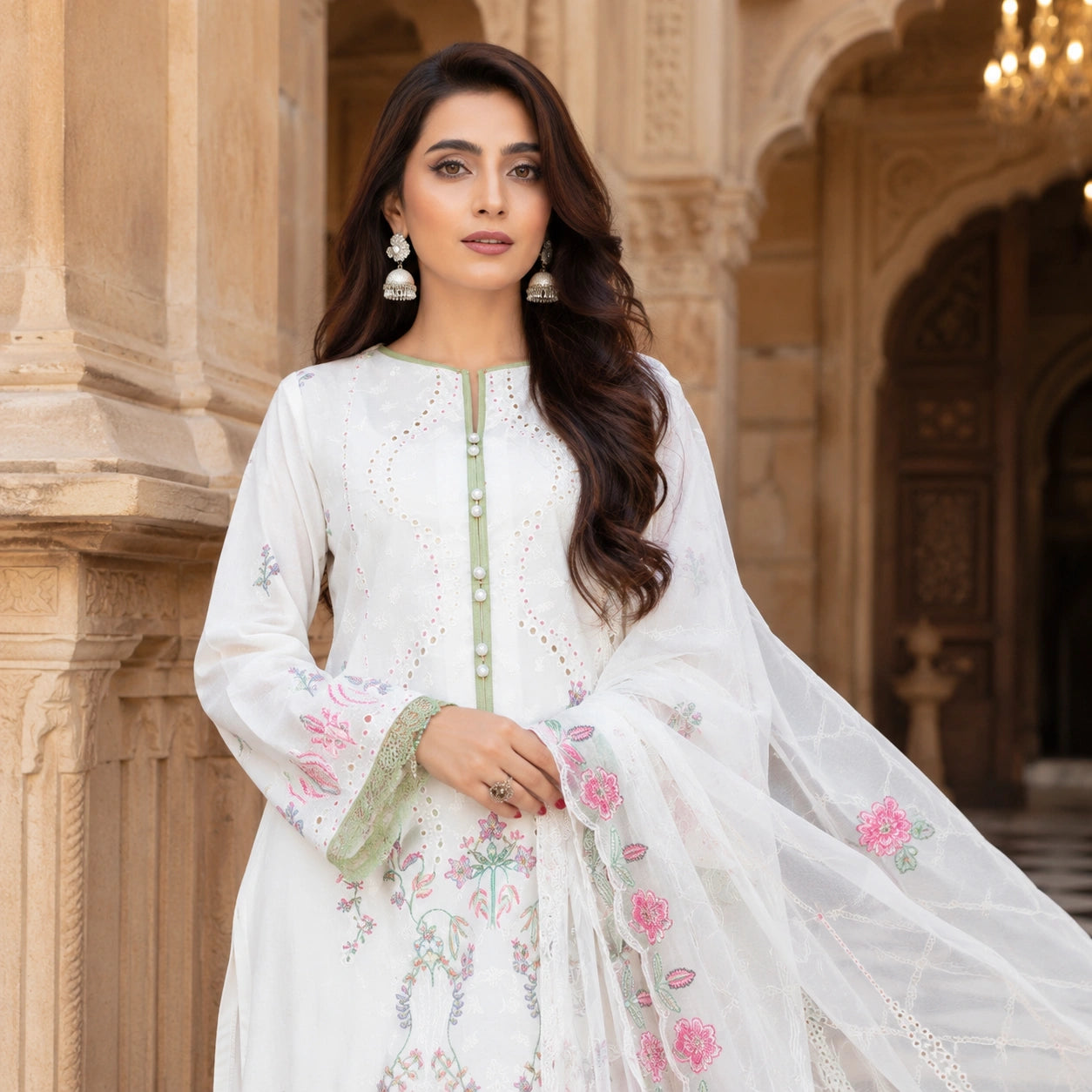 Luxury 3Pc Embroidered Lawn shirt with Bamber Embroidered Dupatta
