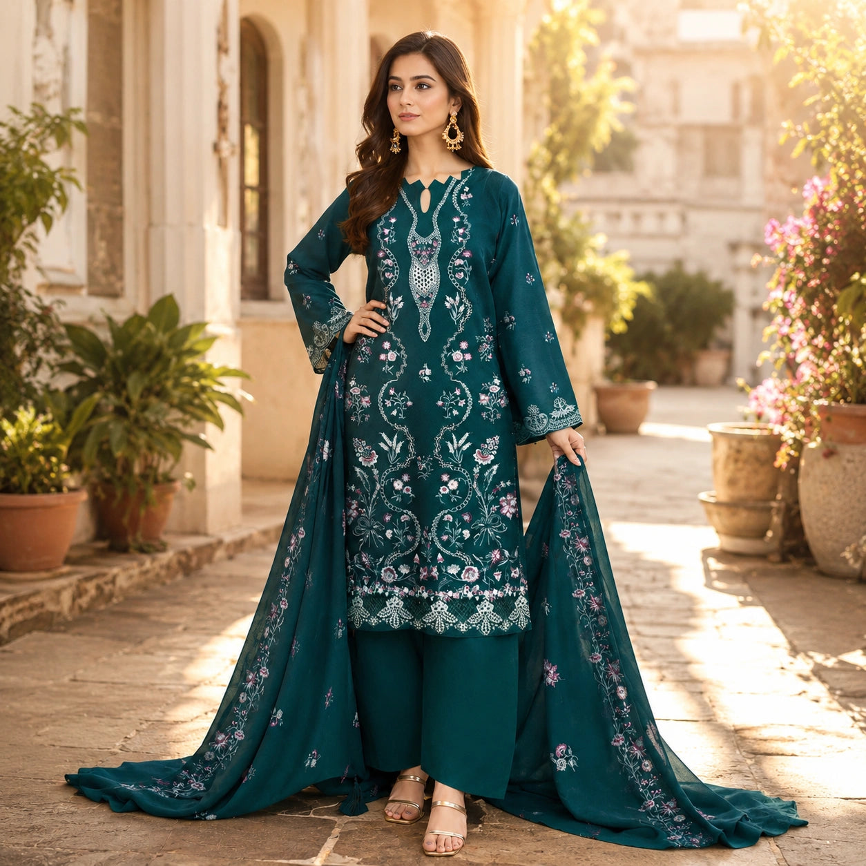 Luxury 3Pc Embroidered Lawn shirt with Bamber Embroidered Dupatta